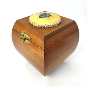 Vintage Wooden Wood Trinket Keepsake Lined Box Hinged with Latch Crest Footed